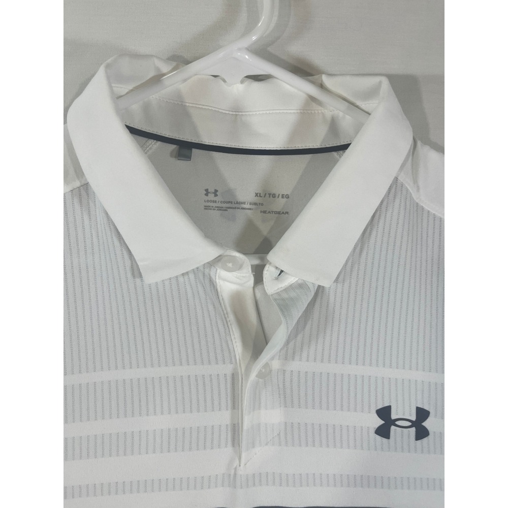 Under Armour Mens XL HeatGear White Striped Performance Golf Polo Loose Fit